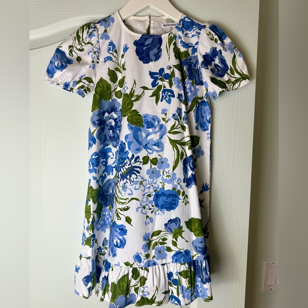 Reformation Girls White Dress with Blue Floral Print Sz 8 Made in the USA - RARE